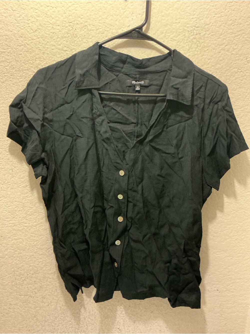 Madewell Black Short Sleeve Collared Button-Front Top viscose size CL